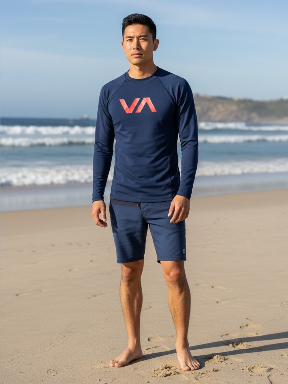 RVCA Navy Long-Sleeve Rash Guard with Red VA Logo